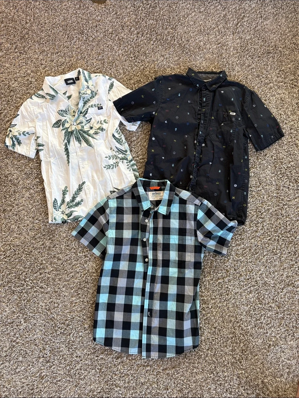 Kids Short Sleeve Button Shirts - Black Mini Print, White Palm, Blue Plaid